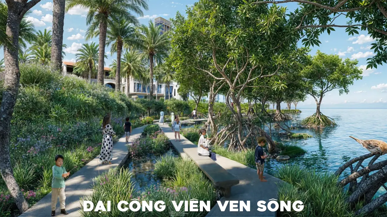 Không gian xanh mát tại đại công viên ven sông.